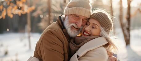 ai gegenereerd portret van gelukkig senior Mens knuffelen verheugd vrouw in beige jas en glimlachen buiten. generatief ai foto