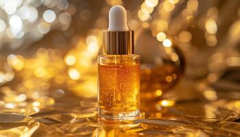 ai gegenereerd amber glas fles met druppelaar bevat vloeistof goud serum foto