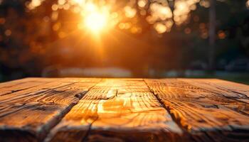 ai gegenereerd een houten tafel met de zon instelling achter het foto