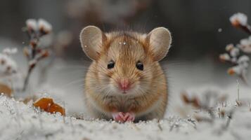 ai gegenereerd klein muis zittend Aan top van een tafel foto