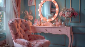 ai gegenereerd roze stoel in voorkant van spiegel foto
