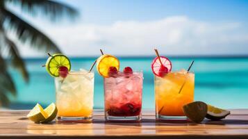 ai gegenereerd exotisch cocktails met tropisch garnituren tegen een minimalistische backdrop foto