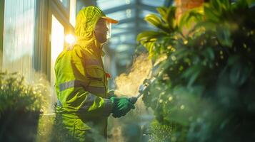 ai gegenereerd Mens staand De volgende naar fabriek door venster foto