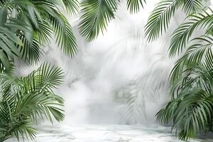 ai gegenereerd tropisch palm bomen en wit marmeren muur foto
