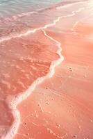 ai gegenereerd een roze zand strand met golven en water foto