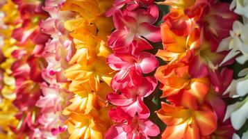 tropisch bloem lei slingers dichtbij omhoog, traditioneel hawaiiaans symbool. lei dag in Hawaii. foto