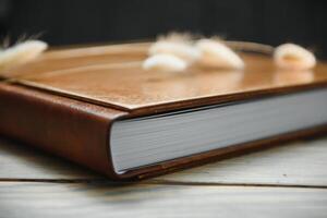 familie foto boek met reliëf. foto boek Aan een houten achtergrond. bruin foto boek met hout omslag. fotoalbum met een moeilijk omslag. bruiloft foto album.