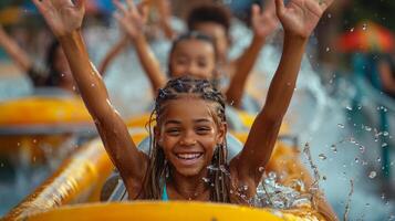 ai gegenereerd jong meisje glimlacht spelen in water foto