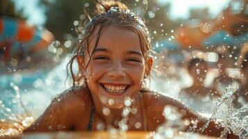 ai gegenereerd jong meisje glimlacht spelen in water foto