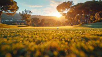 ai gegenereerd zon instelling over- golf Cursus foto