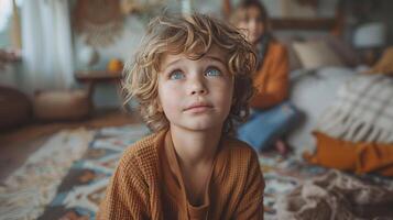 ai gegenereerd weinig jongen zittend Aan verdieping op zoek omhoog foto