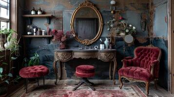 ai gegenereerd kamer met stoel, spiegel, tapijt, en kroonluchter foto