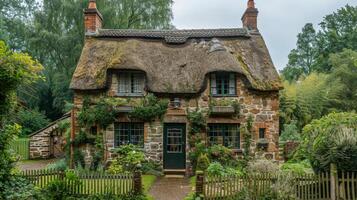 ai gegenereerd huis met rieten dak omringd door groen foto