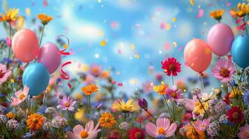 ai gegenereerd kleurrijk bloemen en ballonnen in een veld- foto