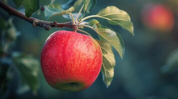 ai gegenereerd rood appel hangende van boom Afdeling foto