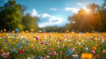 ai gegenereerd kleurrijk bloemen in veld- onder blauw lucht foto