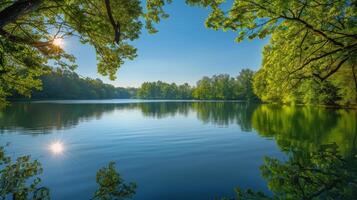 ai gegenereerd groot lichaam van water omringd door bomen foto