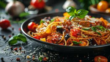 ai gegenereerd bord van spaghetti met tomaat saus en basilicum foto