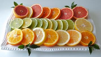 ai gegenereerd schotel gevulde met gesneden sinaasappels en limoenen foto
