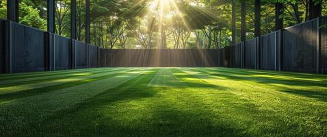 ai gegenereerd een synthetisch gras voetbal veld- met zon streaming door haar bomen foto