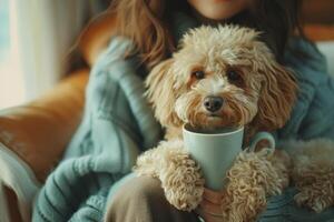 ai gegenereerd een vrouw Holding een kop van koffie en hond foto