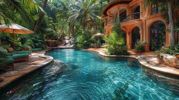 ai gegenereerd zwembad omringd door palm bomen De volgende naar huis foto