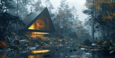 ai gegenereerd een cabine omringd door de bossen foto