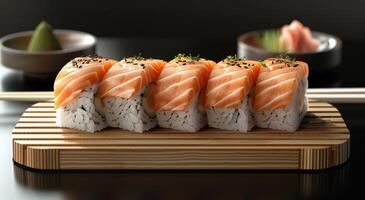 ai gegenereerd een sushi schotel met Zalm en eetstokjes Aan top foto