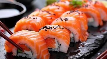 ai gegenereerd een bord van sushi heeft Zalm en eetstokjes foto