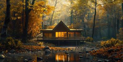 ai gegenereerd een cabine omringd door de bossen foto