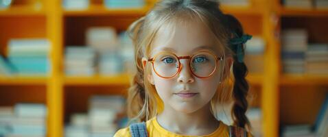 ai gegenereerd schattig weinig meisje met grappig bril en een weinig boeken jong meisje foto