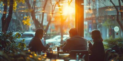 ai gegenereerd bedrijf mensen Bij de tafel gebruik makend van hun telefoons foto