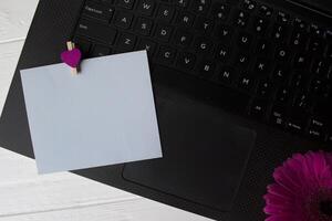 zwart laptop toetsenbord, blauw leeg papier en Purper gerbera Aan een wit houten werk bureau. foto
