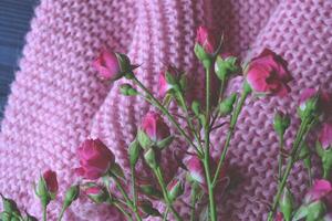 roze rozen en trui Aan de tafel. mooi achtergrond voor kaart. foto