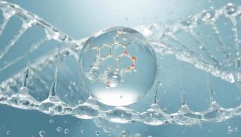 ai gegenereerd vloeistof bubbel, een molecuul binnen een vloeistof bubbel tegen een achtergrond van spatten water dna foto