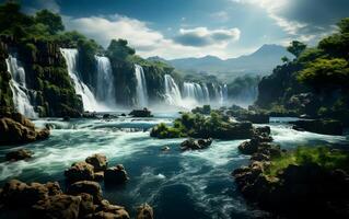 ai gegenereerd een natuurlijk UNESCO waterval landschap dat is een populair toerist bestemming in Kroatië foto