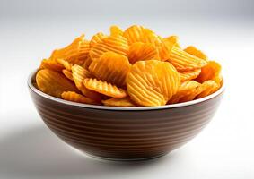 ai gegenereerd heerlijk masmuche gebakken chips voedsel in een kom foto