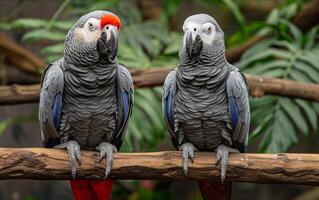 ai gegenereerd tweeling Afrikaanse grijs papegaaien in de wild, resting Aan een ledemaat foto