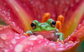 ai gegenereerd vurig oranje bloem bloemblaadjes omhullend een gluren groen kikker foto