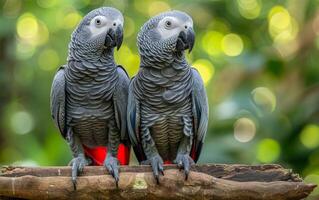 ai gegenereerd een paar- van Afrikaanse grijs papegaaien neergestreken Aan een Afdeling in hun natuurlijk milieu foto