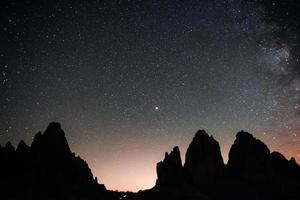 nacht in de buurt van de tre cime drie pieken bergen met uitzicht op de hemel vol sterren en de melkweg aan de rechterkant foto