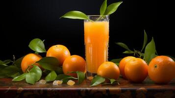 ai gegenereerd vers oranje sap temidden van een citrus foto