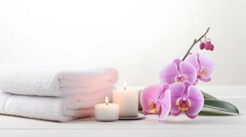 ai gegenereerd elegant spa instelling met orchideeën en kaarsen foto