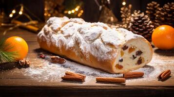 ai gegenereerd Kerstmis stollen brood met feestelijk decoraties foto