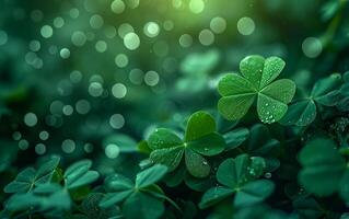 ai gegenereerd groen Klaver bladeren glinsterend met ochtend- dauw foto