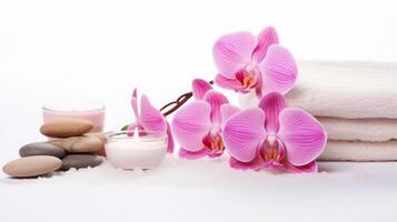 ai gegenereerd elegant spa instelling met orchideeën en kaarsen foto