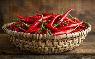 ai gegenereerd een pastorale mand Laden met opvallend rood Chili paprika's foto