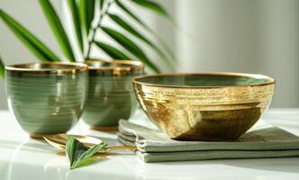 ai gegenereerd tafel met goud serviesgoed en groen servet met blad geïsoleerd Aan wit foto