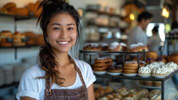 ai gegenereerd een vrouw bakker en ondernemer, de eigenaar van een opstarten klein bedrijf, is afgebeeld Bij de teller van haar bakkerij foto