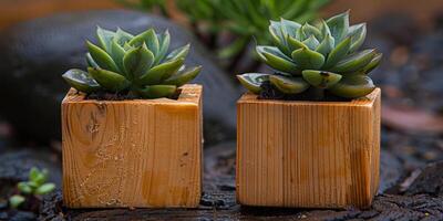 ai gegenereerd plantenbakken houten plein voor vetplanten foto